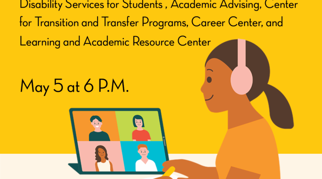 Illustration of a student wearing headphones, taking notes while attending a virtual meeting on a laptop, yellow background