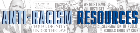 Banner with a newspaper style background with big blue text that says "ANTI-RACISM RESOURCES"