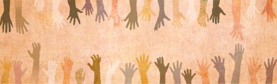 A beige banner with a diverse group of illistrative hands reaching out from the top and bottom