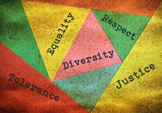 Colorful geometric background with words: Equality, Tolerance, Diversity, Respect, and Justice