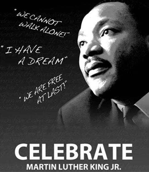 Grayscale photo of Martin Luther King Jr with quotes in the background and text below that says: 'Celebrate Martin Luther King Jr'
